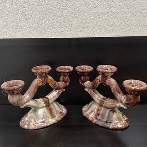 Pair of Vintage JASBA Glazed German Pottery 3-Arm Candle Stick Holder